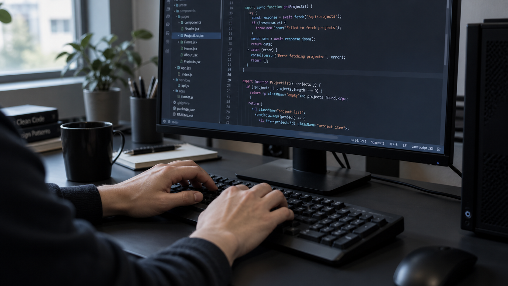黒いデスクでキーボードを操作し、コードを確認する開発作業のイメージ